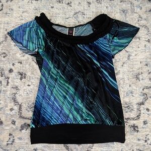Wrapper Women’s Abstract Blouse Blue Green Black Short Sleeve Top Size M